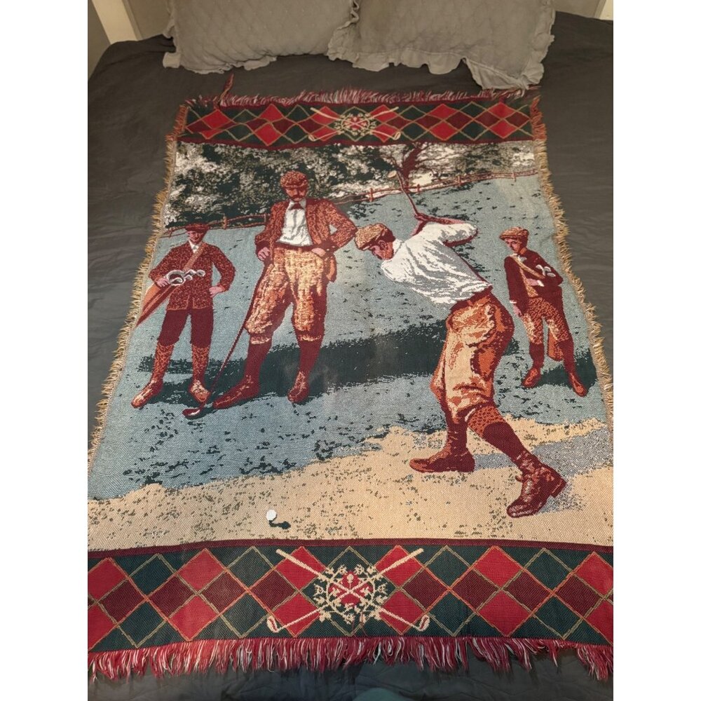 Vintage Golf Scene Cotton Throw Blanket Fringed Edges Sports Decor USA Made